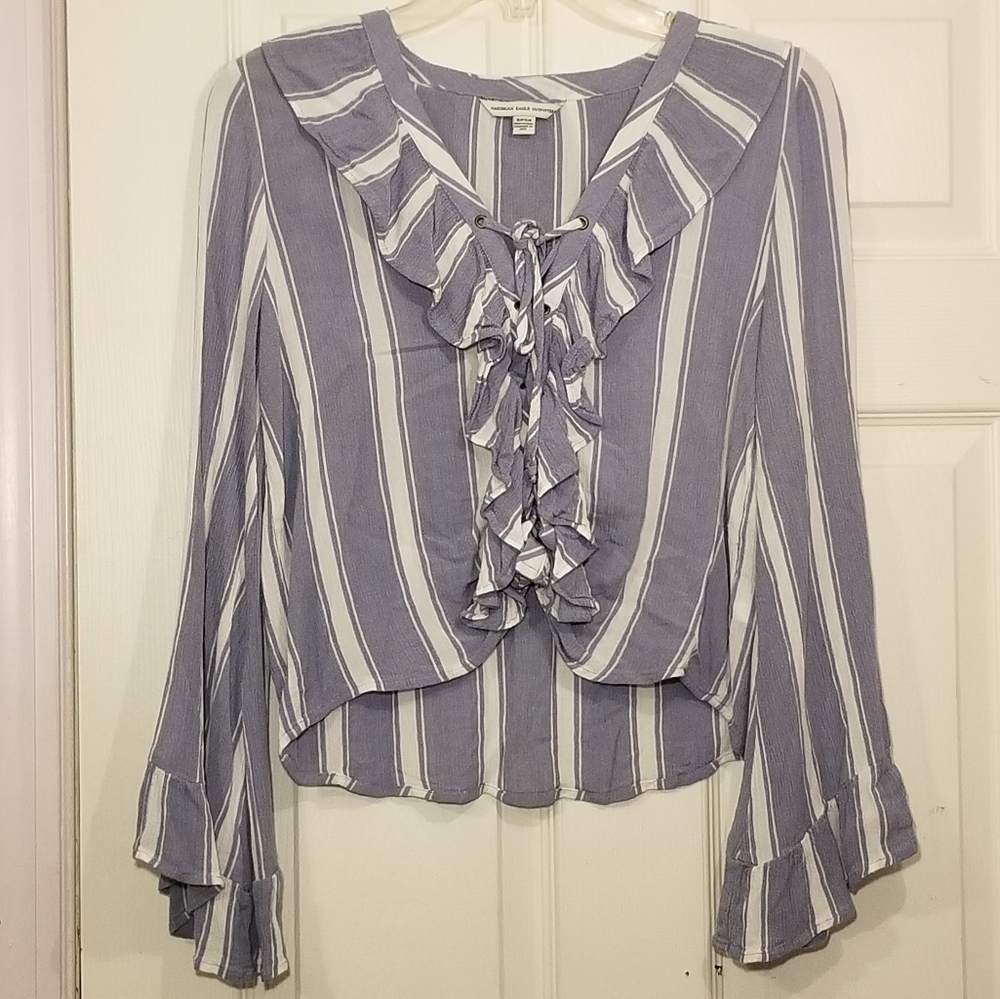 American Eagle blue and white striped corset tie ruffle blouse